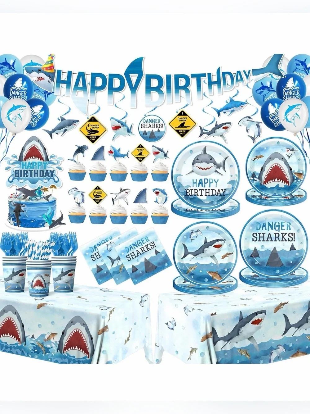 🦈🎉 Shark Birthday Party Supplies & Decorations Set – 190 Pieces